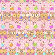 Beautiful pattern with owls and cakes on a pink background