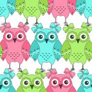 Seamless pattern of colorful owls on a white background N3