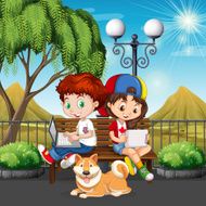 Boy girl using computer park