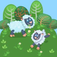 Card with adult and young sheep in natural background