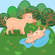 Card with adult and young pig in natural background