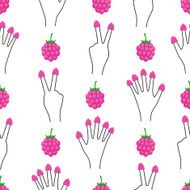 Hand with raspberries on all fingers seamless pattern