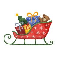 Watercolor sleigh with presents Christmas tree and Teddy bear