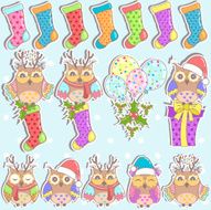 Christmas set of owls gifts socks and balloons