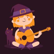 Witch Girl Playing Guitar Next to her Cat