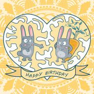greeting card happy birthday two rabbits carrots heart floral background