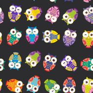 Seamless pattern - bright colorful owls on black background Vector