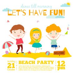 Vector invitation card on summer beach party with smiling kids N3