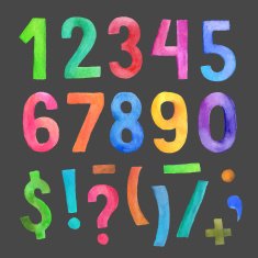 Watercolor handwritten numbers and symbols