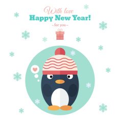Holiday card with penguin in flat