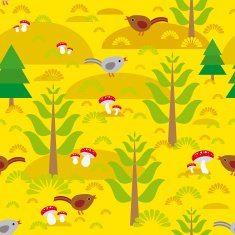 Seamless background with orange autumn mushrooms spruce trees bi