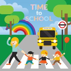 Teacher lead Kids cross the Street to School