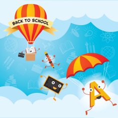 Education Characters Parachute from Hot Air Balloon