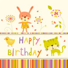 Colorful Baby Happy birthday background with cat bunny and chicken