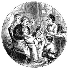 Victorian family reading a book - 1880 illustration
