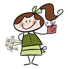 Happy little girl with a gift and flowers