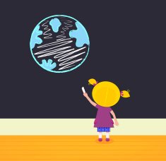 Little girl in school painting Earth on the black board