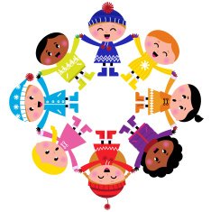Happy winter cartoon kids in circle isolated on white
