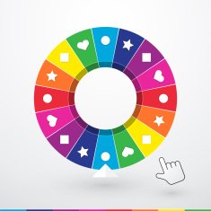 Brightly colored wheel of fortune with children's symbols