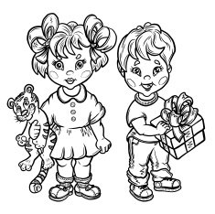 Children with a toy tiger cub and gift box