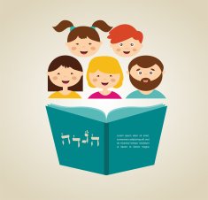 family reading hagada book at passover holiday