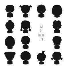 Set of monochrome silhouette people icons Cartoon hand drawn faces