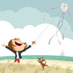 Happy kid at the beach summer sea kite illustration