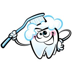 Happy cartoon white molar tooth character washing with dental toothbrush