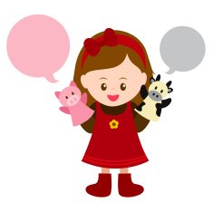little girl talking with her puppets