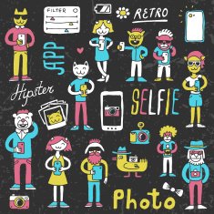 Funny colorful on dark hipsters doodle set Without outline