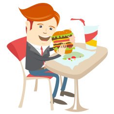 Hipster office man eating sandwich at cafe Flat style