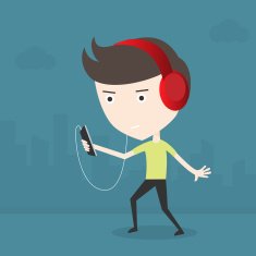 Man listen to music with a smartphone Cartoon concept