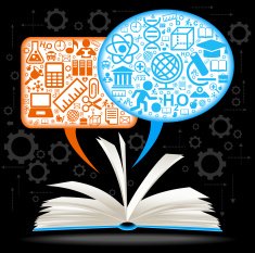 book with speech bubbles and icons