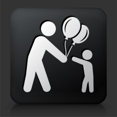 Black Square Button with Stick Figure & Balloons