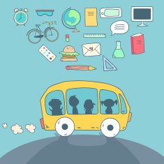 Cute school bus riding back to