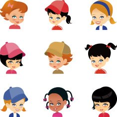Set with 9 cartoon girls of varied expressions