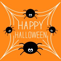 Four cartoon spider on the web Halloween card Orange background
