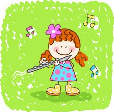 happy musician girl playing flute instrument
