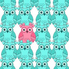 Seamless pattern of pink and blue owls
