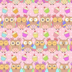 Beautiful pattern with owls and cakes on a pink background