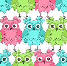 Seamless pattern of colorful owls on a white background N3