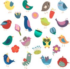 Cute Birds and Vintage Flowers Vector Set