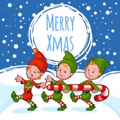 Christmas card with three elves candy