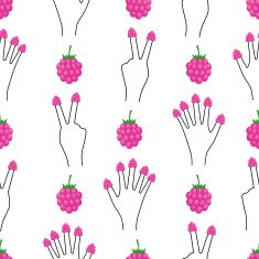 Hand with raspberries on all fingers seamless pattern