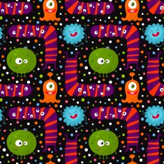 Cute funny seamless pattern with bright monsters on dark background
