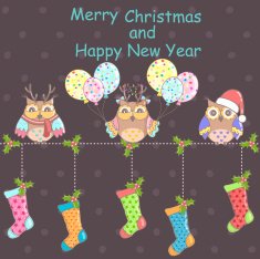 Christmas card with owls and socks on a dark background