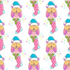 Christmas seamless background with owls and New Year the socks