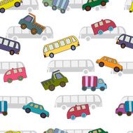 Seamless pattern with colorful buses and cars