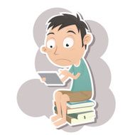 Boy sittng on the pile of books and using tablet
