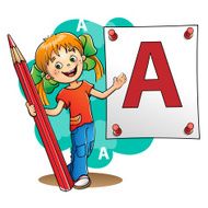 Young Girl drawing a large letter in red pencil N2